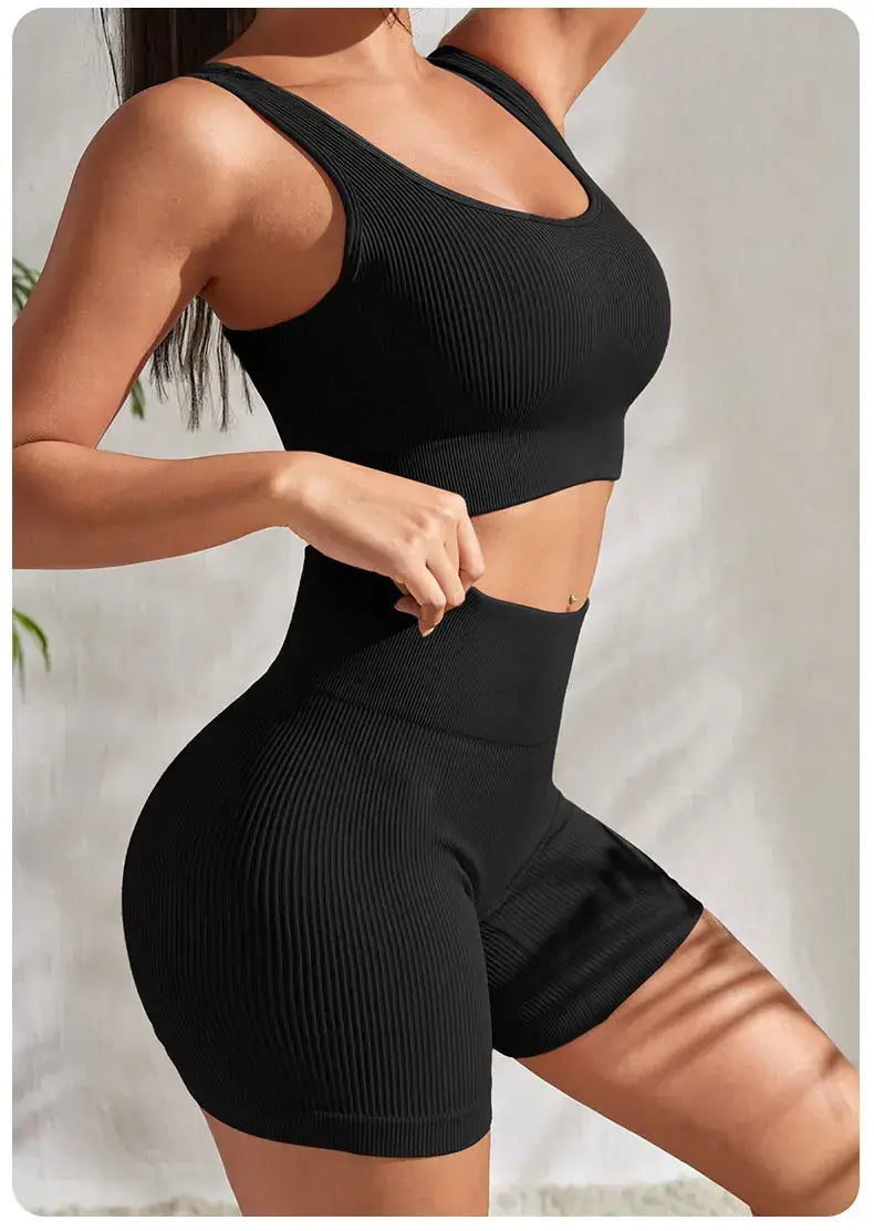 Seamless Ribbed Yoga Sets Workout Sets for Women 2 Pieces Gym Suits Ribbed Crop Tank High Waist Shorts Outfits Fitness