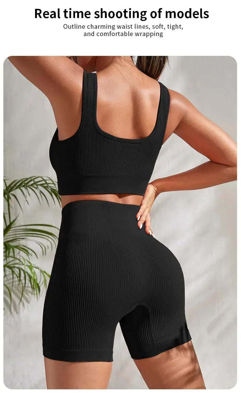 Seamless Ribbed Yoga Sets Workout Sets for Women 2 Pieces Gym Suits Ribbed Crop Tank High Waist Shorts Outfits Fitness