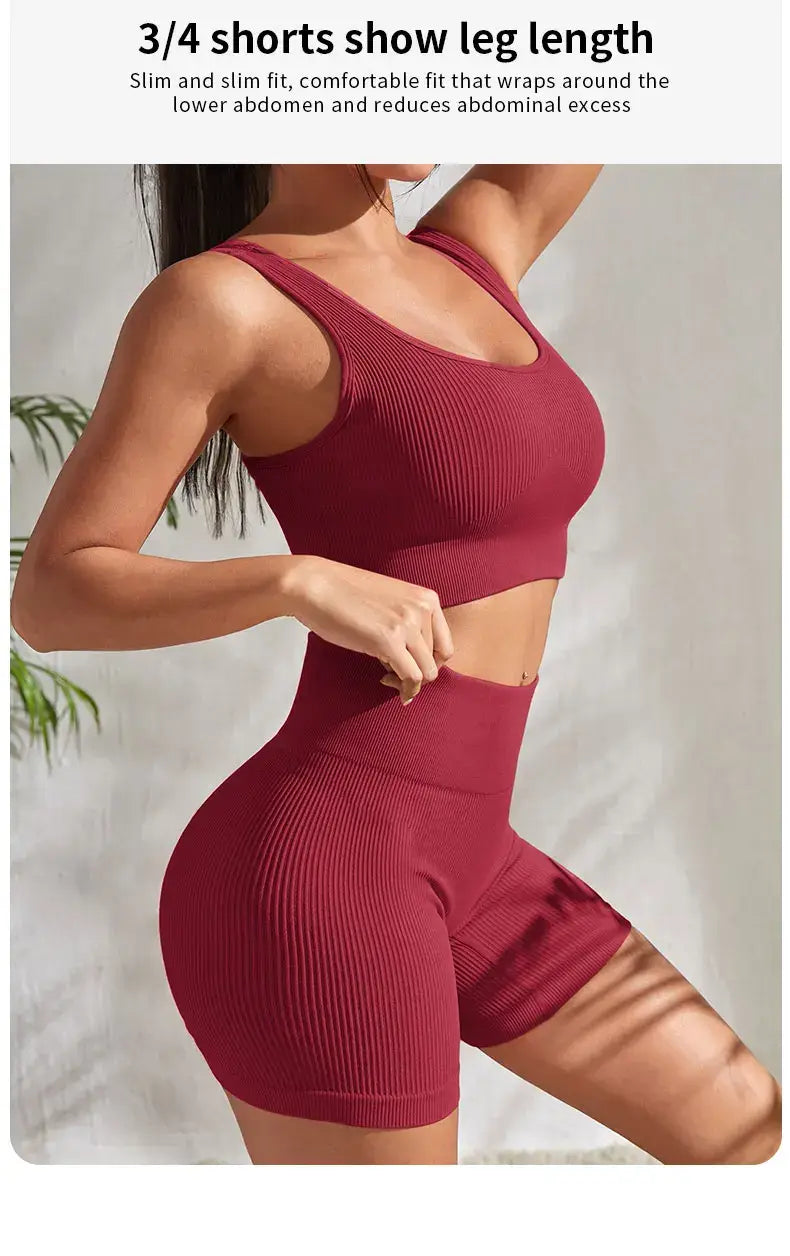 Seamless Ribbed Yoga Sets Workout Sets for Women 2 Pieces Gym Suits Ribbed Crop Tank High Waist Shorts Outfits Fitness