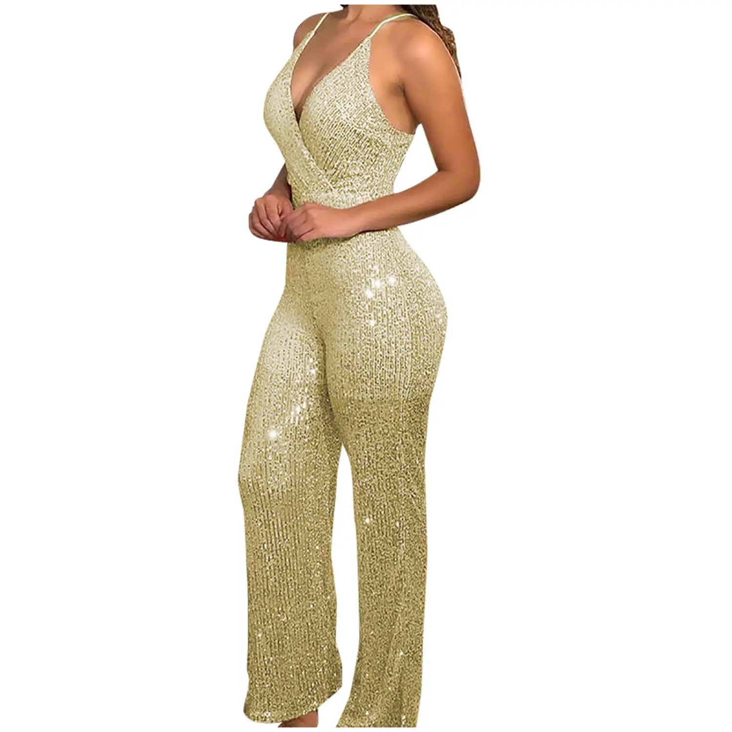 Women Elegant Sleeveless Sequined Glitter Shiny Jumpsuit Trousers Wide Leg Pants Sexy Slim Fit Backless Jumpsuit Romper