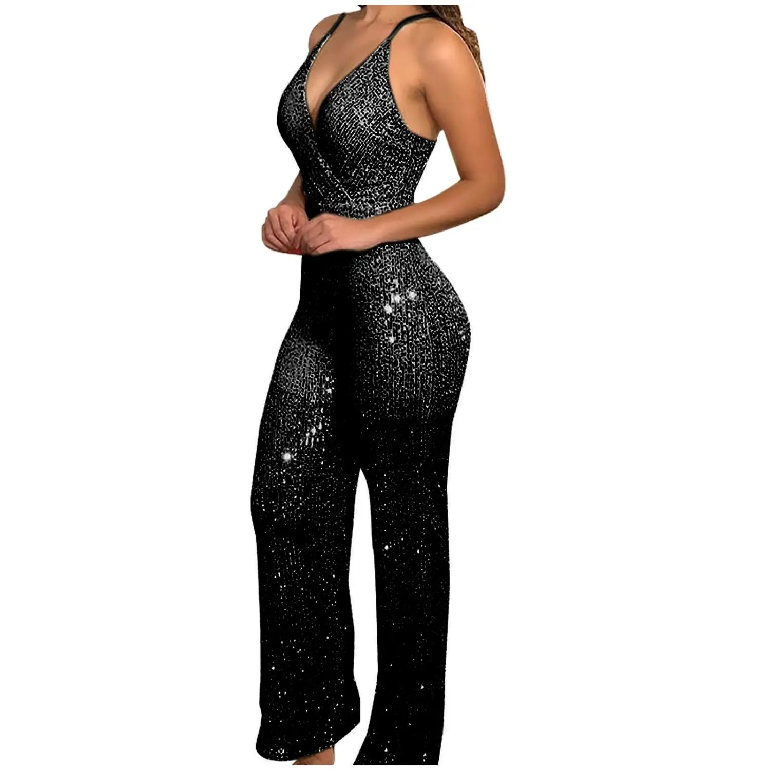 Women Elegant Sleeveless Sequined Glitter Shiny Jumpsuit Trousers Wide Leg Pants Sexy Slim Fit Backless Jumpsuit Romper