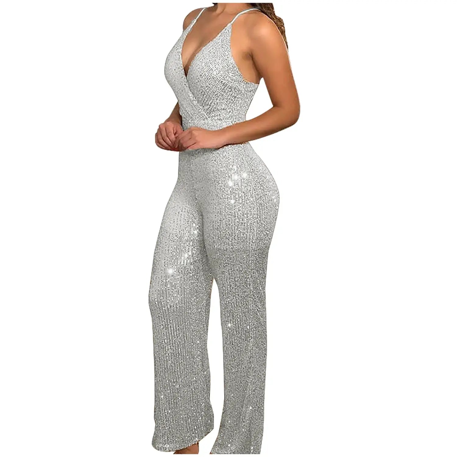 Women Elegant Sleeveless Sequined Glitter Shiny Jumpsuit Trousers Wide Leg Pants Sexy Slim Fit Backless Jumpsuit Romper