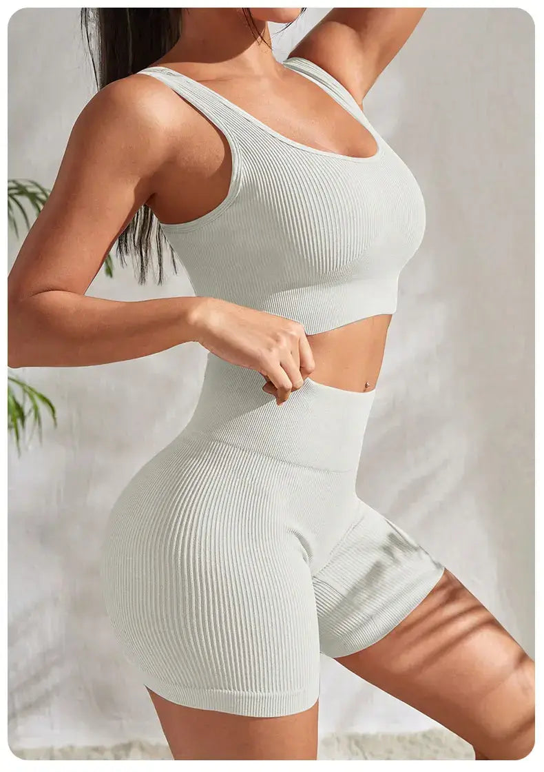 Seamless Ribbed Yoga Sets Workout Sets for Women 2 Pieces Gym Suits Ribbed Crop Tank High Waist Shorts Outfits Fitness