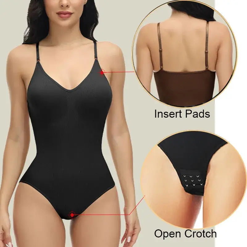 Super Sale V Neck Spaghetti Strap Bodysuit Compression Body Suits Open Crotch Shapewear Slimming Body Shaper Smooth