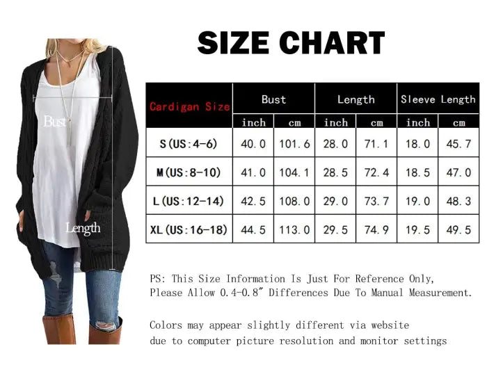 Size chart for Women Cardigan Sweater Chunky Cable Knit with bust, length, and sleeve specs