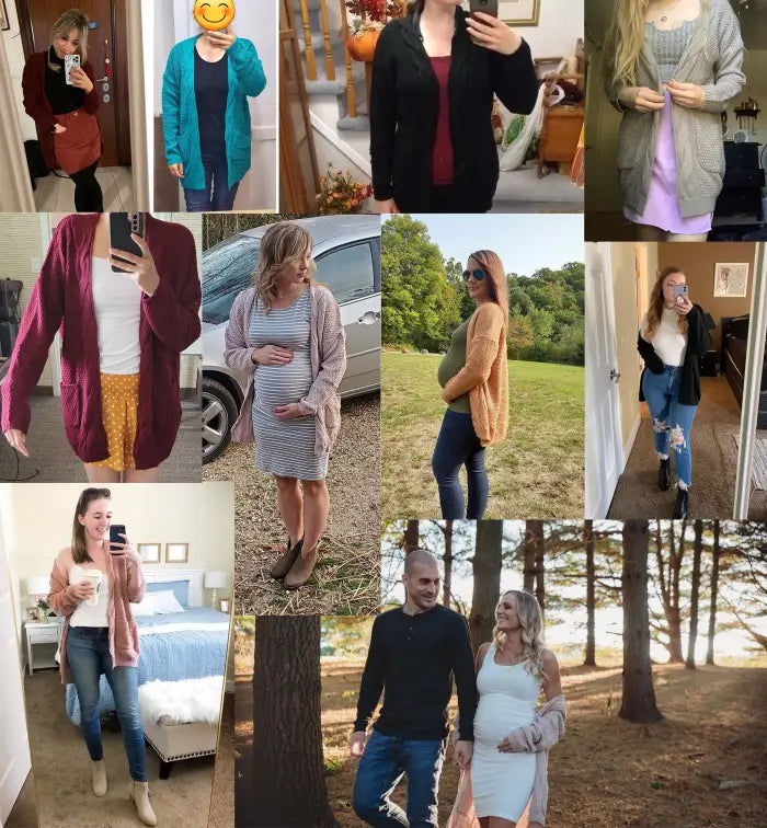 Collage of maternity outfits featuring Women Cardigan Sweater Chunky Cable Knit styles