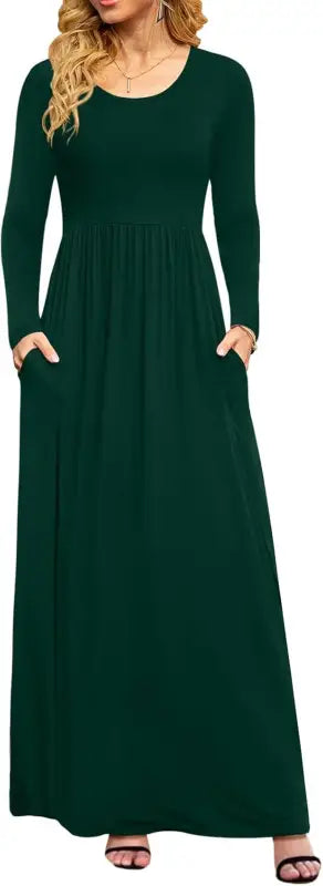 Women Casual Long Sleeve Maxi Dresses Empire Waist Long Dress with Pockets