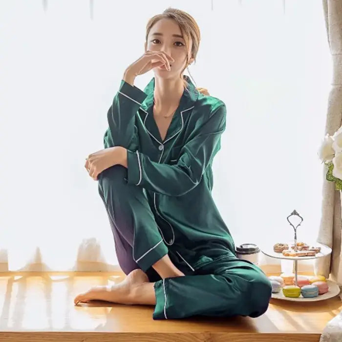 Women Silk Satin Pajamas - Green / Long - 2XL