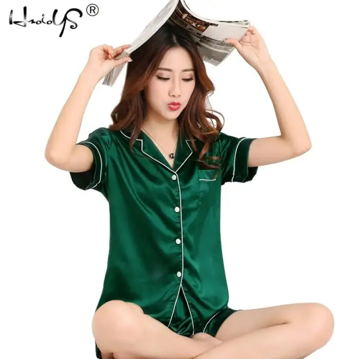 Women Silk Satin Pajamas - Green / Short - 2XL