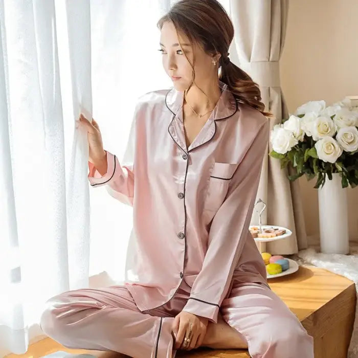 Women Silk Satin Pajamas - Pink / Long - 2XL