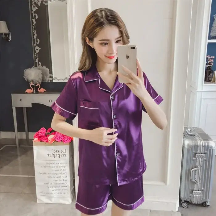 Women Silk Satin Pajamas - Purple / Short - 2XL