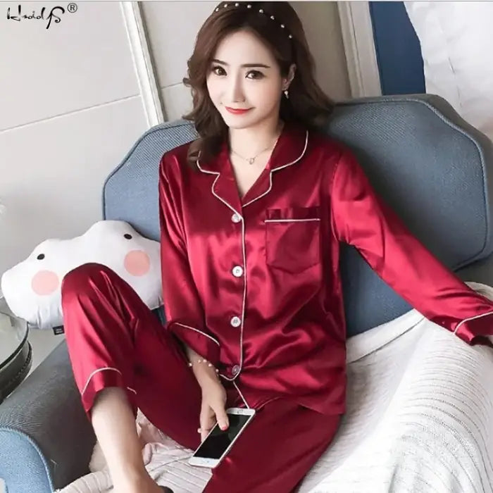 Women Silk Satin Pajamas - Red / Long - 2XL