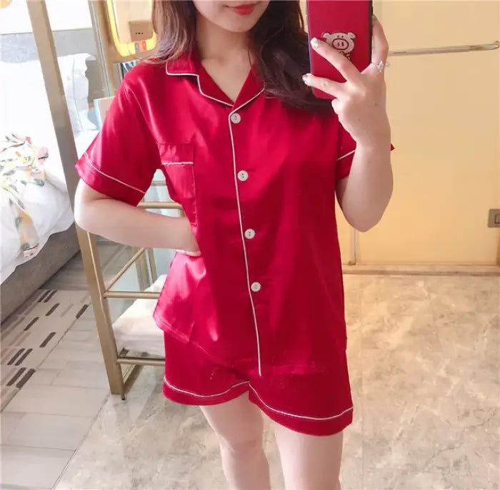 Women Silk Satin Pajamas - Red / Short - 2XL