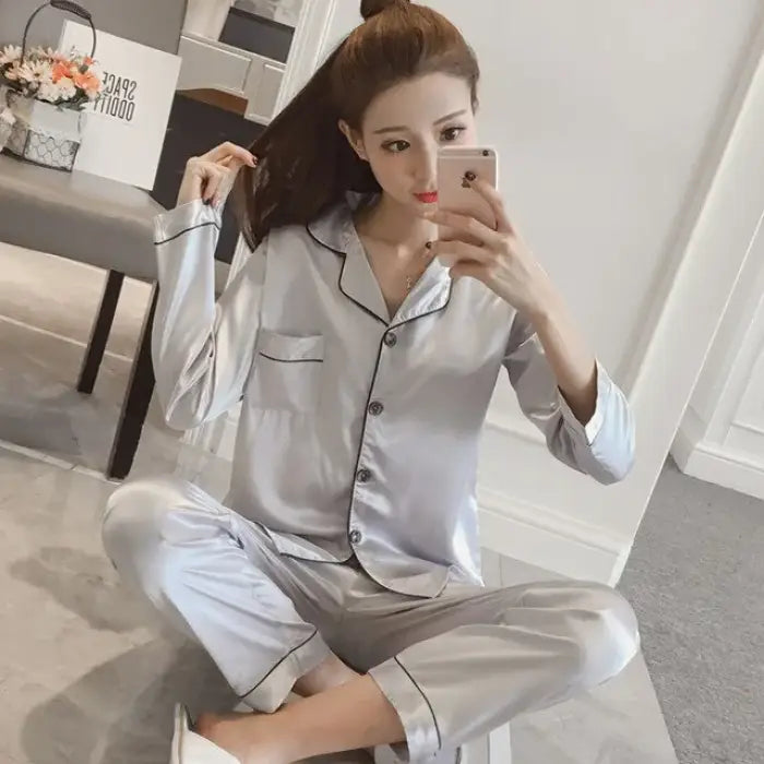 Women Silk Satin Pajamas - Silver / Long - 2XL