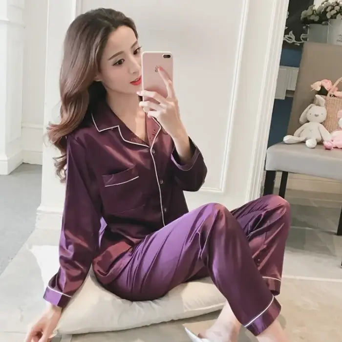 Women Silk Satin Pajamas - Violet / Long - L