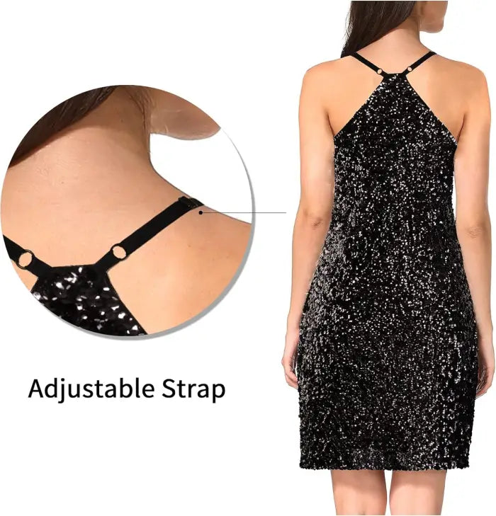 Women'S Glitter Sequin Dress Adjustable Spaghetti Strap Sparkle Party Dresses